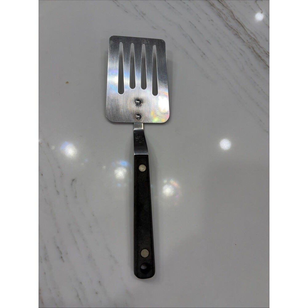 Vintage EKCO Flint Vanadium SHORT Slotted Spatula 10" USA Black Handle